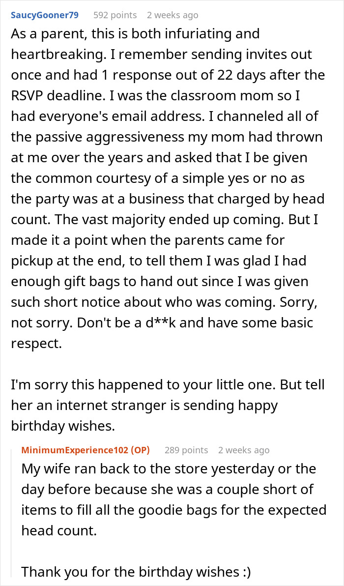 Reddit comments discussing parents who promised to come to a daughter’s birthday but didn’t show up, sharing frustrations. Reddit comments discussing parents who promised to come to a daughter’s birthday but didn’t show up, sharing frustrations.