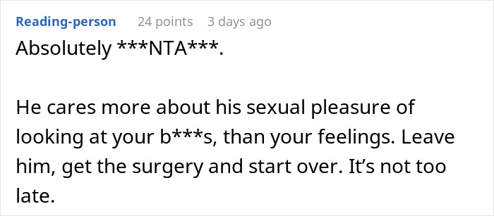 Comment text in a forum discussing a husband giving an ultimatum over plastic surgery and husband reduction debate.