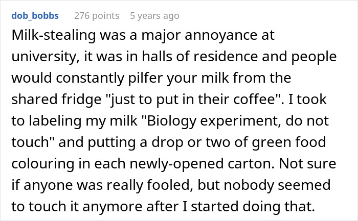 Reddit comment about roommate stealing milk, describing creative prank with labeled milk and food coloring as a lesson on leftovers theft.