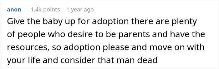 Comment suggesting giving baby up for adoption, addressing coercion and forced pregnancy as punishment for cheating.
