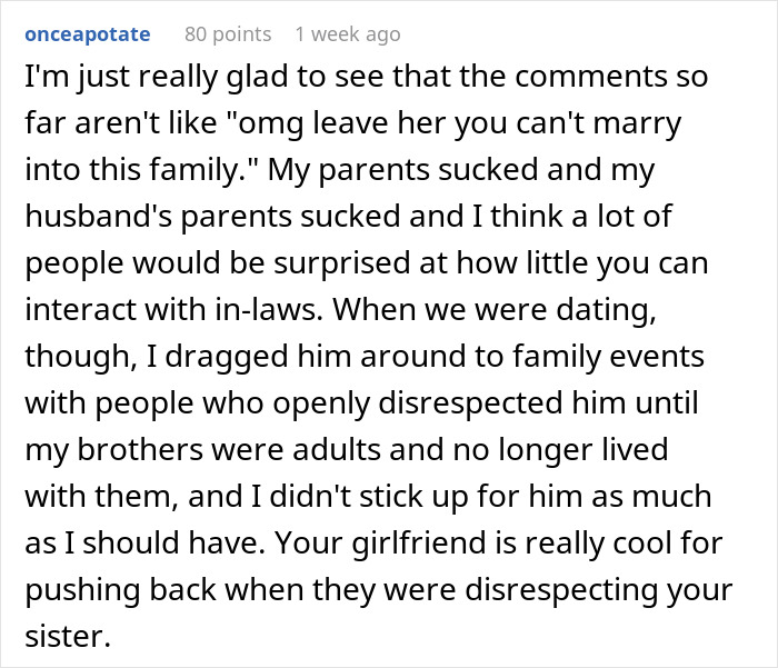 User comment sharing experience with difficult in-laws and praising girlfriend for supporting autistic sister amid relationship objections.