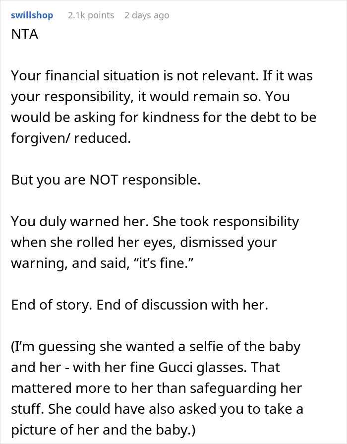 Reddit comment discussing woman refusing to pay after baby breaks friend&rsquo;s iPhone and Gucci sunglasses.