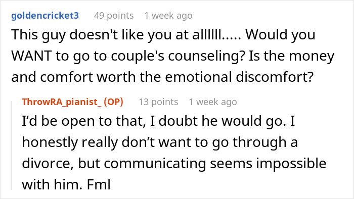 Screenshot of an online discussion about a man who hates how easy everything comes to his wife and wants her to suffer. Screenshot of an online discussion about a man who hates how easy everything comes to his wife and wants her to suffer.
