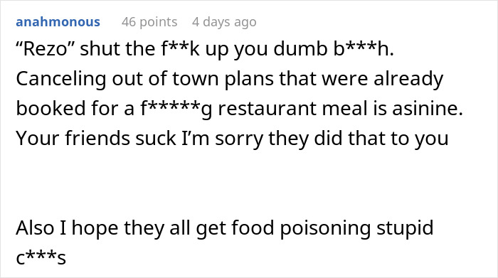 Screenshot of a critical online comment about friend group plans being canceled for a dinner without the birthday girl.