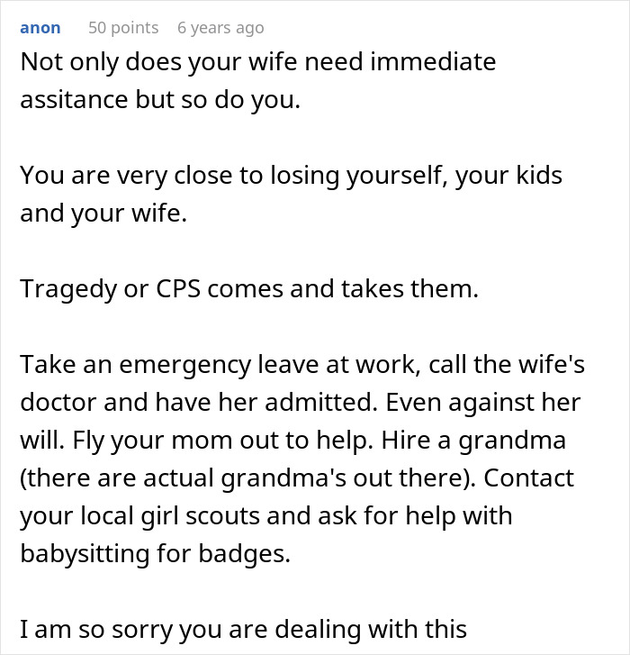 Comment discussing urgent help for wife and toddlers left behind as husband struggles to pick up the pieces.