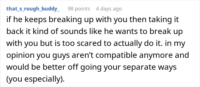 Screenshot of a Reddit comment discussing relationship issues and red flags after a man starts earning more than his girlfriend.