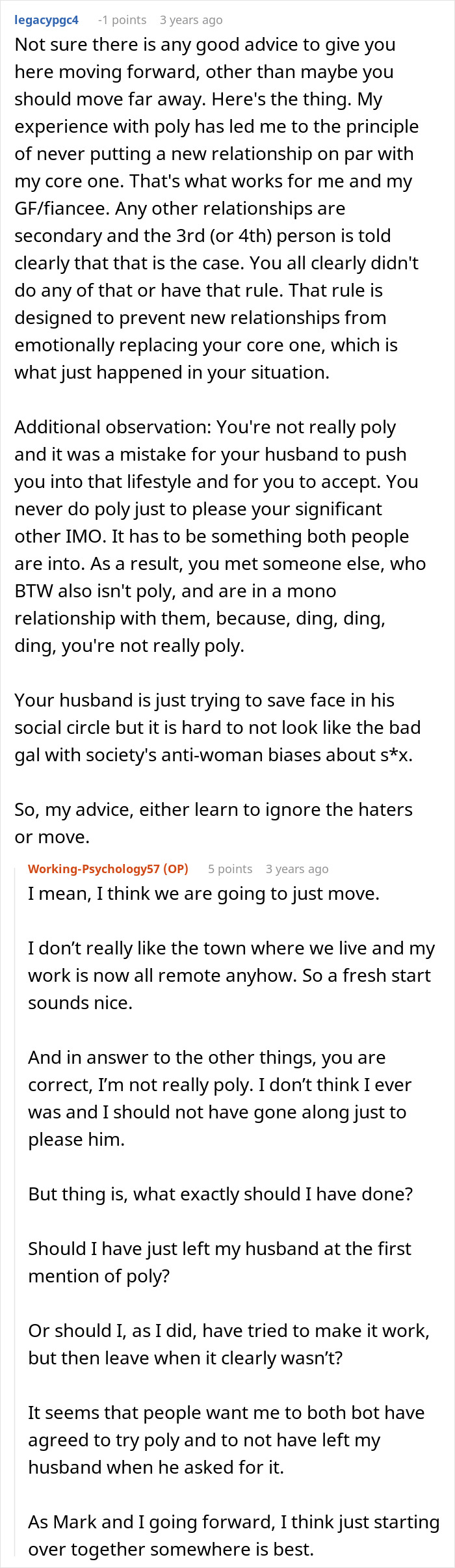 Alt text: Reddit conversation discussing a man's regret after revealing he is poly and asking for an open marriage.