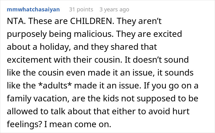 Comment discussing children excited about Easter gifts and family dynamics after SIL's reaction explodes.