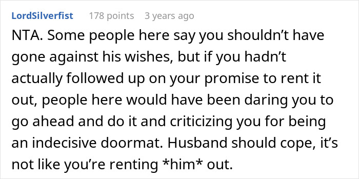 Text comment about renting out man cave after husband refuses to work or help out in household.