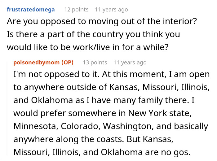 Reddit user poisonedbymom discussing preferred places to live outside Midwest states with family, focusing on coasts and avoiding certain regions.