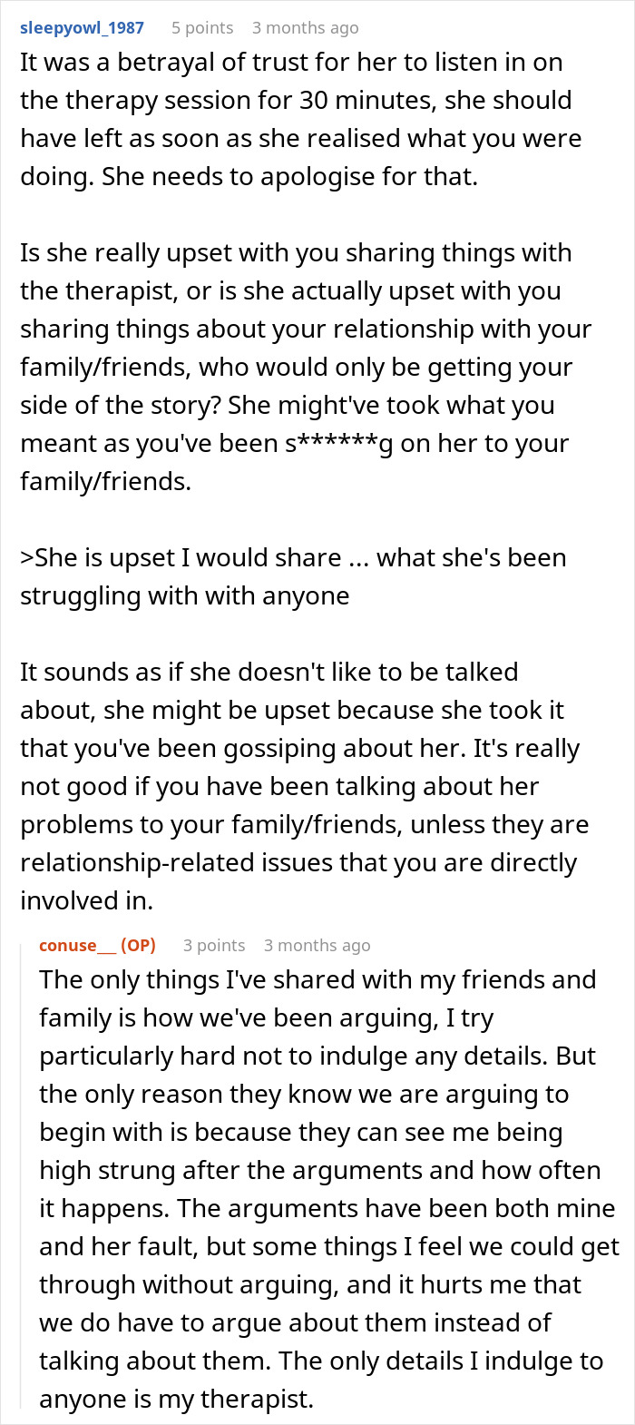 Woman eavesdrops on boyfriend’s private therapy session and reacts with anger to what she hears discussed. Woman eavesdrops on boyfriend’s private therapy session and reacts with anger to what she hears discussed.