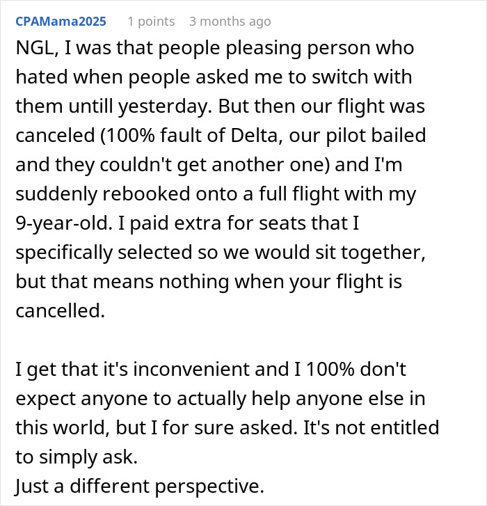Text post sharing a personal story about a woman refusing to give up her plane seat and enjoying a guilt-free nap.