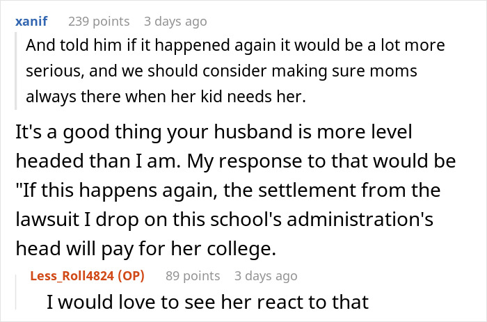 Screenshot of a Reddit comment discussing a mom furious after school called her instead of her husband and possibly pretended to call CPS. Screenshot of a Reddit comment discussing a mom furious after school called her instead of her husband and possibly pretended to call CPS.