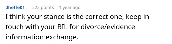 Comment on Reddit discussing divorce evidence exchange between family members after a woman's world crumbles from husband's dark secret revealed.