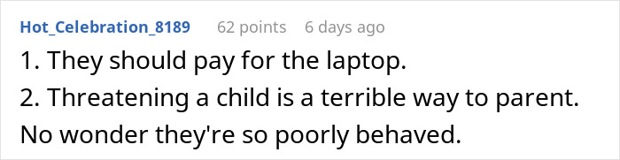 Screenshot of online comments discussing whether a babysitter should get a laptop replacement after damage.