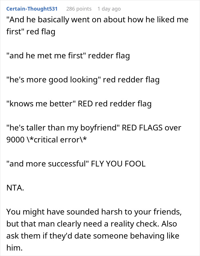 Text from a Reddit comment listing red flags about a guy telling an old friend she should date him instead of her boyfriend because he's tall.