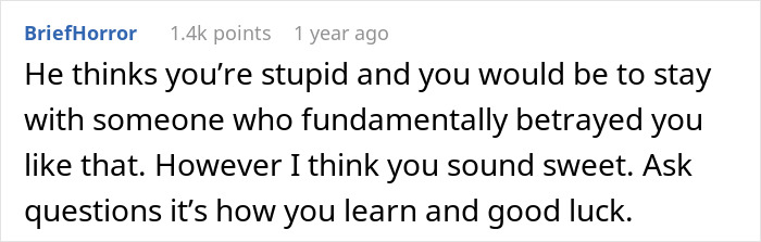 Reddit comment discussing future MIL brands bride-to-be stupid and her fianc&eacute; laughing along with the situation.