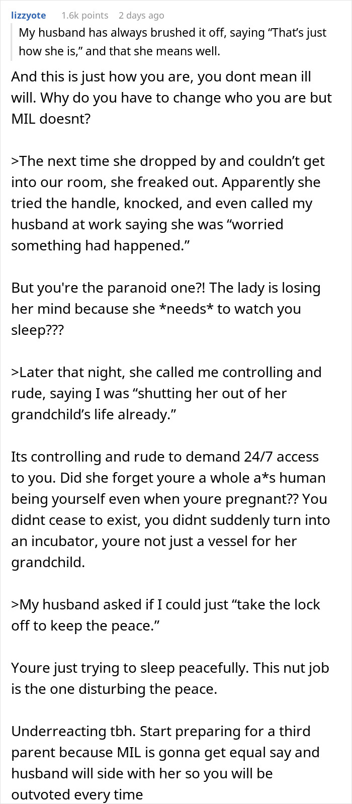 Screenshot of a Reddit post discussing a controlling MIL who watches her pregnant DIL sleep and reacts to a bedroom lock.