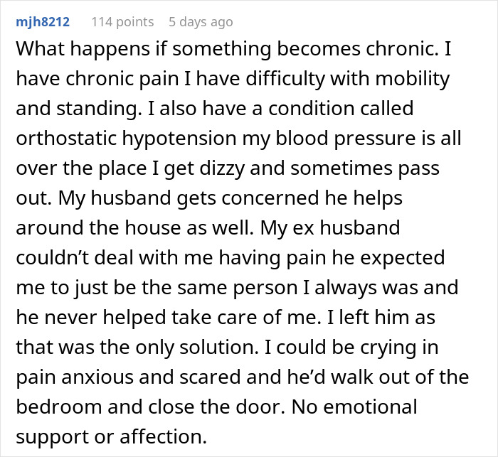 Comment text discussing chronic pain and lack of emotional support from ex-husband while current husband helps around the house.
