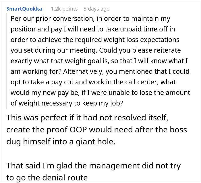 Comment highlighting a new manager requiring unpaid time off for weight loss to maintain position and pay.