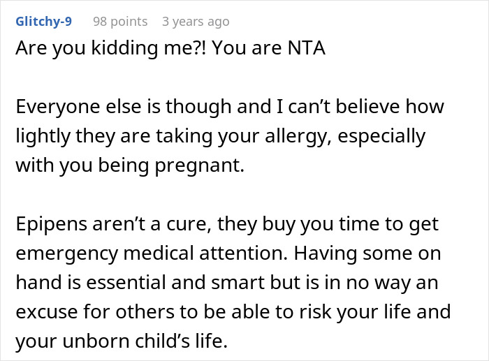 Comment discussing a woman risking anaphylaxis as her sister-in-law ignores the no-peanut allergy rule during pregnancy. Comment discussing a woman risking anaphylaxis as her sister-in-law ignores the no-peanut allergy rule during pregnancy.