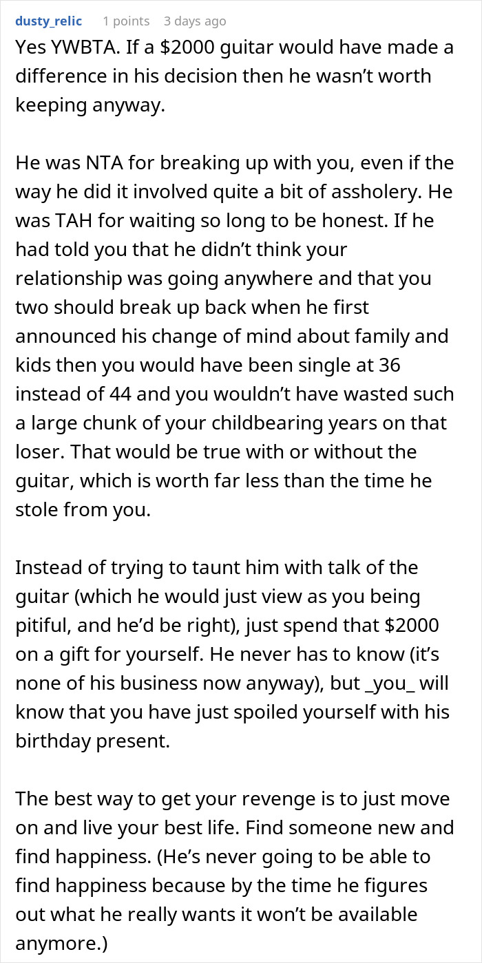 Reddit comment discussing a man breaking up after a long relationship following an argument about cheese.