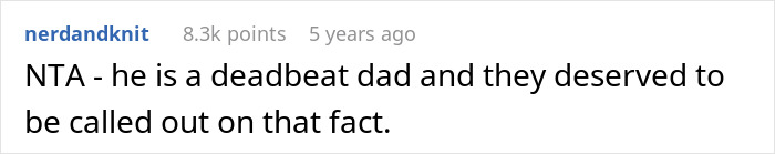 Screenshot of an online comment calling out a deadbeat dad related to husband’s abandoned son discussion. Screenshot of an online comment calling out a deadbeat dad related to husband’s abandoned son discussion.