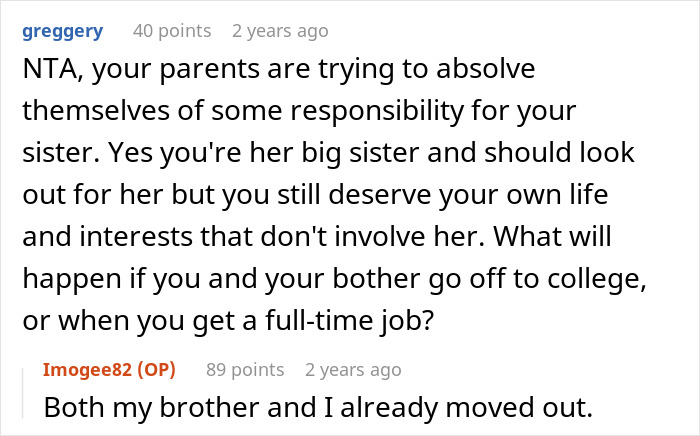 Screenshot of a conversation about a 19-year-old forced to be a parent to her little sister, feeling irked about her brother's lack of responsibility.