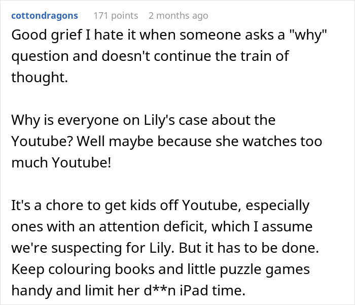 Comment discussing sister accuse favoring nephew niece, focusing on YouTube use and managing children's screen time.