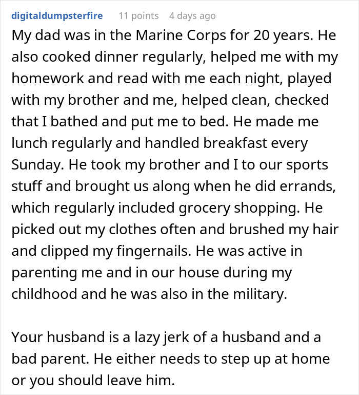 Comment about husband expects wife to work and study full time while managing two kids, highlighting unfair expectations and parenting roles.