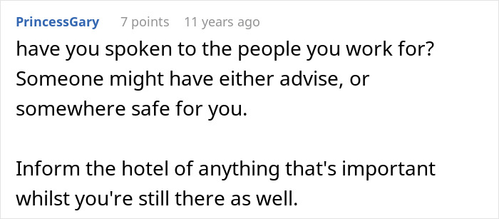 Comment on a forum advising to speak to employers for advice or safety and inform the hotel about important matters, related to mother-poisoned-me scenario.