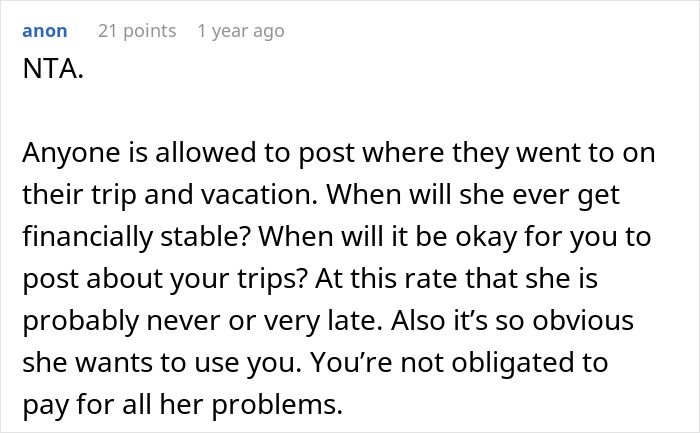 Comment discussing a woman rejecting her sister’s money requests while sibling posts Ibiza vacation pics amid family financial struggles. Comment discussing a woman rejecting her sister’s money requests while sibling posts Ibiza vacation pics amid family financial struggles.