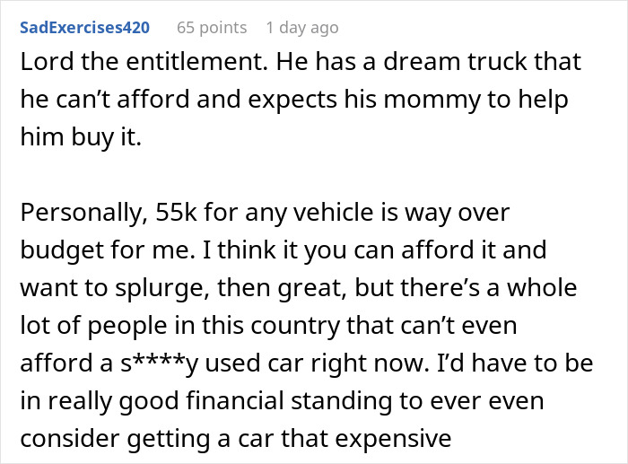 Reddit comment discussing a dream truck loan and financial struggles despite potential inheritance help.