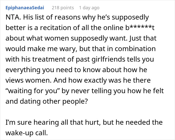 Reddit comment discussing a guy telling an old friend she should date him instead of her boyfriend because he's tall.
