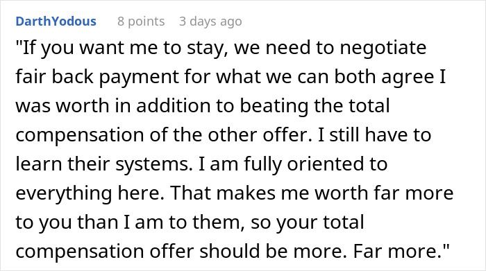 Text from a Reddit comment explaining the negotiation demand that caused mom’s old boss to have a meltdown after she quit. Text from a Reddit comment explaining the negotiation demand that caused mom’s old boss to have a meltdown after she quit.
