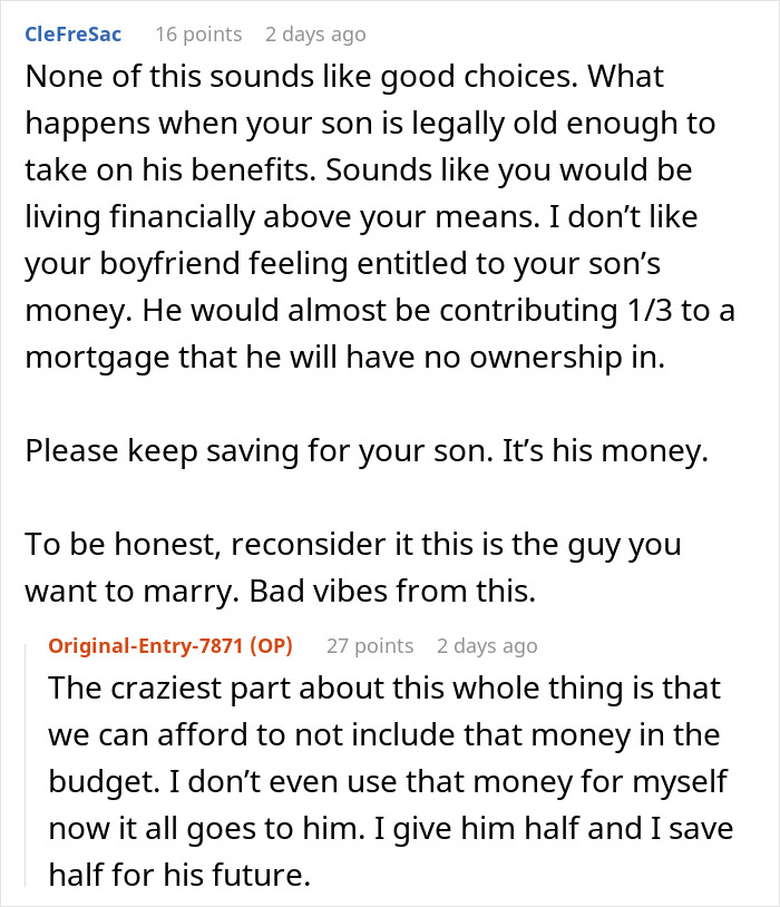 Commenter warns about boyfriend eyeing son&rsquo;s survivor benefits, urging caution over greed and financial boundaries.