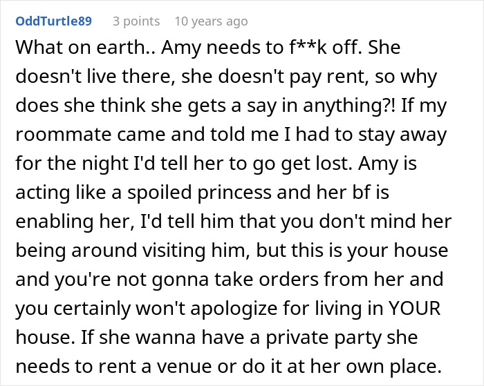 Screenshot of a comment discussing a woman accusing homeowners of ruining her party by not leaving their home.