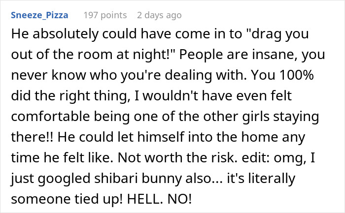 Text from user worried about creepy Airbnb host texting, sharing concerns about safety and uncomfortable experiences.