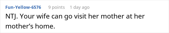 Screenshot of an online comment saying your wife can visit her mother, related to MIL banned after secret digging through trash.