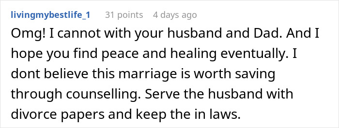 Screenshot of a comment criticizing a husband for calling his pregnant wife disgusting and ignoring their baby after being called out.