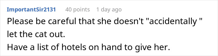 Screenshot of a forum comment discussing concerns about an unhinged MIL demanding attention involving a cat.