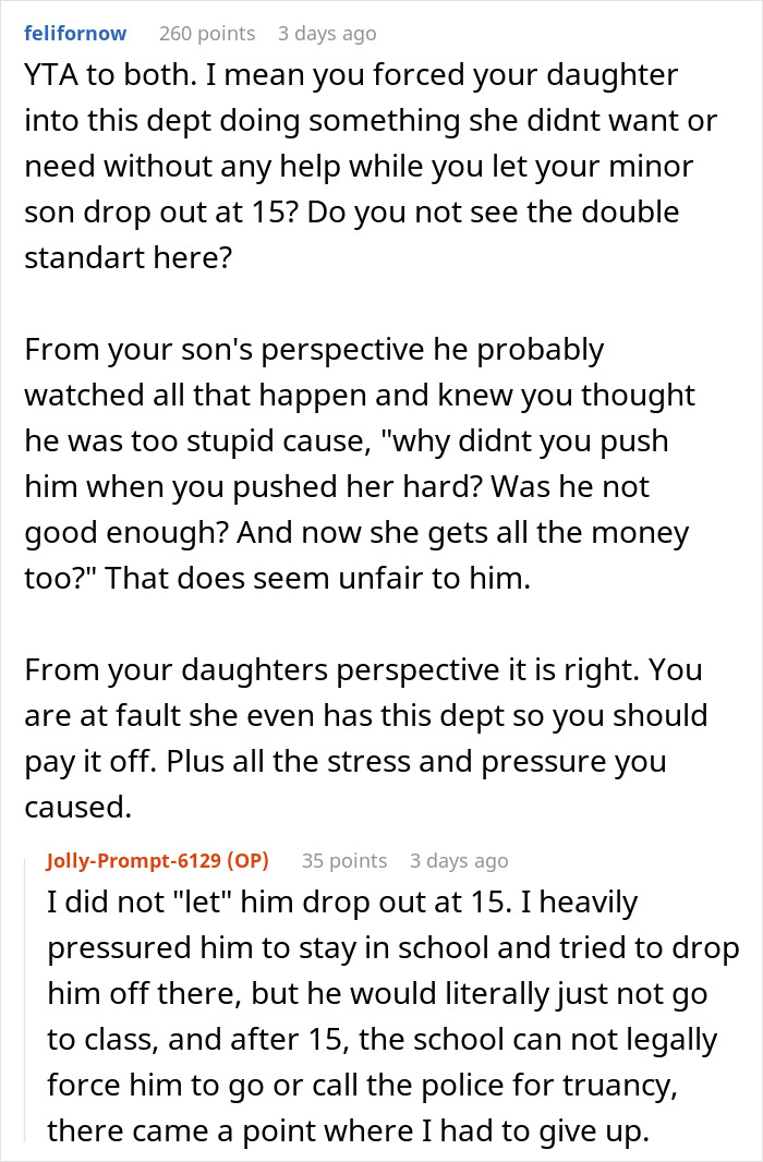 Screenshot of online discussion about paying off daughter student loans and family fairness concerns in education decisions.