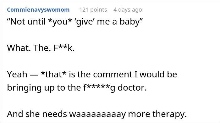 Reddit comment discussing wife&rsquo;s reaction and need for therapy after husband attends sister&rsquo;s baby shower.