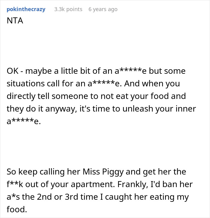 Text post discussing conflict over a woman&rsquo;s brother&rsquo;s girlfriend eating food, with insults and advice to ban her.