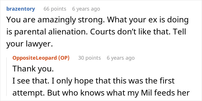 Online forum conversation discussing parental alienation and concerns about a mother-in-law poisoning toddler with essential oils.