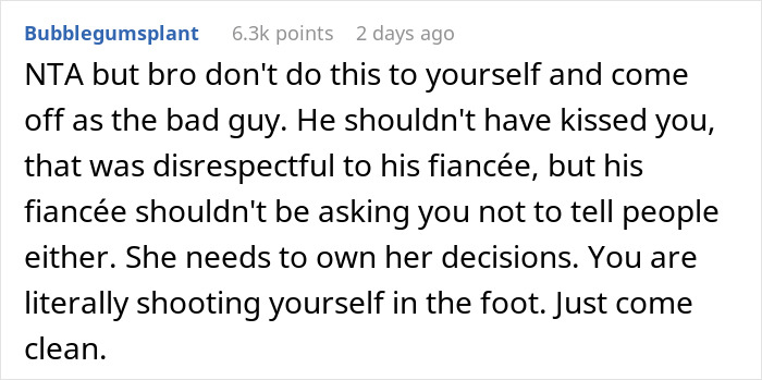 Comment discussing a groom kissing his best friend at a bachelor party and the bride banning him from the wedding.