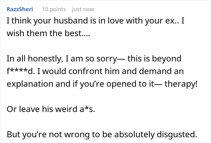 Comment text expressing concern about a husband posing as pregnant wife for a loyalty test involving her ex.