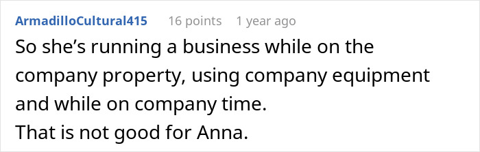 Screenshot of a coworker commenting about office policies related to fridge space and reporting issues to HR. Screenshot of a coworker commenting about office policies related to fridge space and reporting issues to HR.