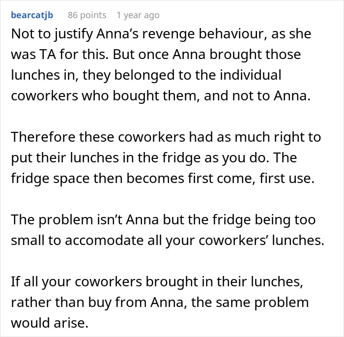 Text post discussing coworker lunch rights and fridge space issues, highlighting lack of space for lunches at work. Text post discussing coworker lunch rights and fridge space issues, highlighting lack of space for lunches at work.