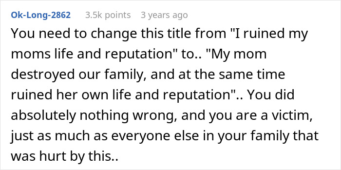 Comment discussing family betrayal and reputation damage after a woman catches her mom sleeping with her husband.